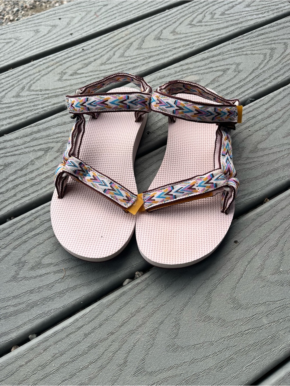 Teva Pink Footbed Sandals with Multicolor Patterned Straps